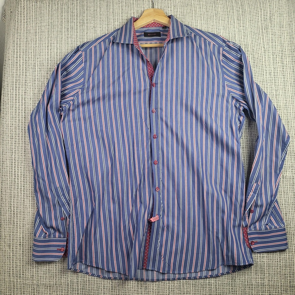 Sand Shirt Mens 43 Blue Red‎ White Striped Button Up Long Sleeve Dress Casual